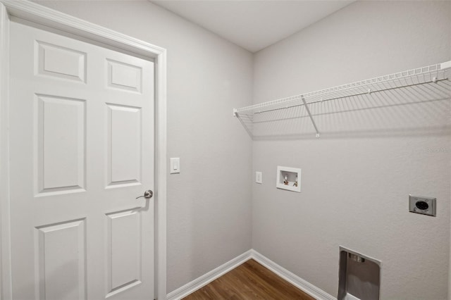 washroom with hookup for a washing machine, laundry area, baseboards, dark wood-style floors, and electric dryer hookup