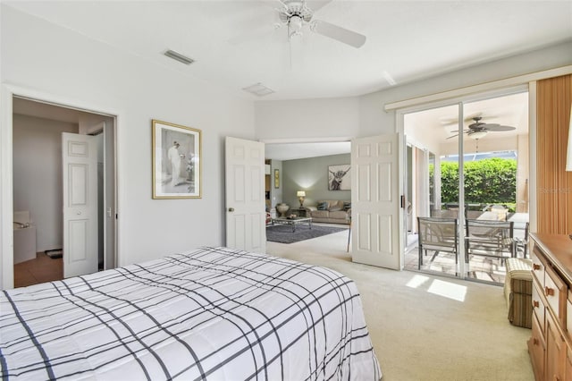 bedroom with access to exterior, visible vents, a ceiling fan, and light colored carpet