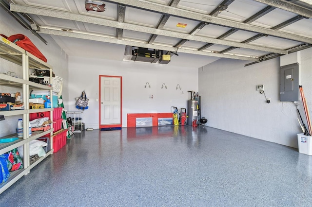 garage with water heater, a garage door opener, and electric panel