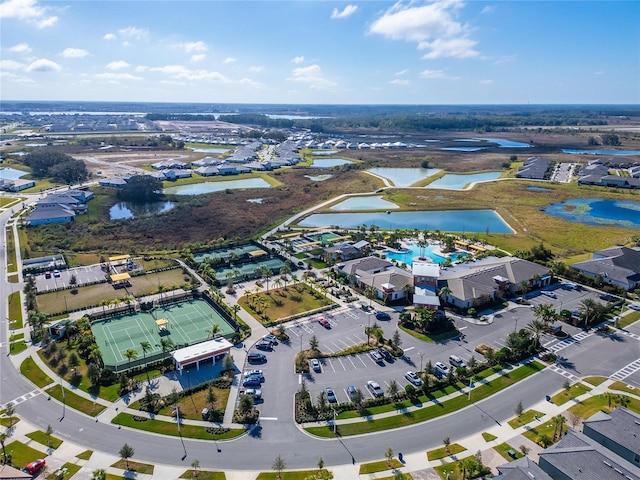 aerial view featuring a water view