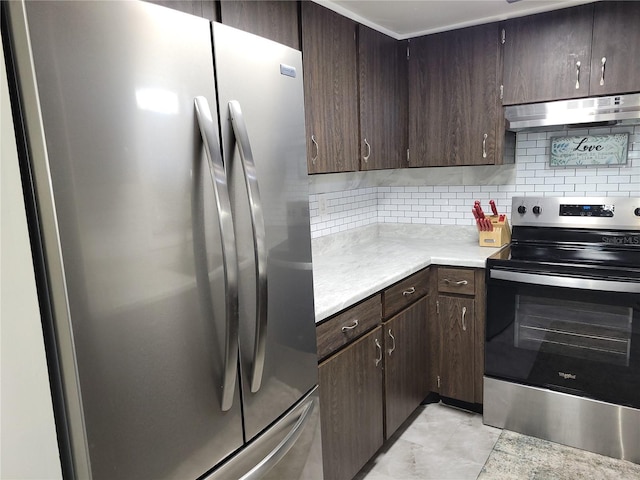 kitchen with dark brown cabinetry, appliances with stainless steel finishes, light countertops, under cabinet range hood, and backsplash