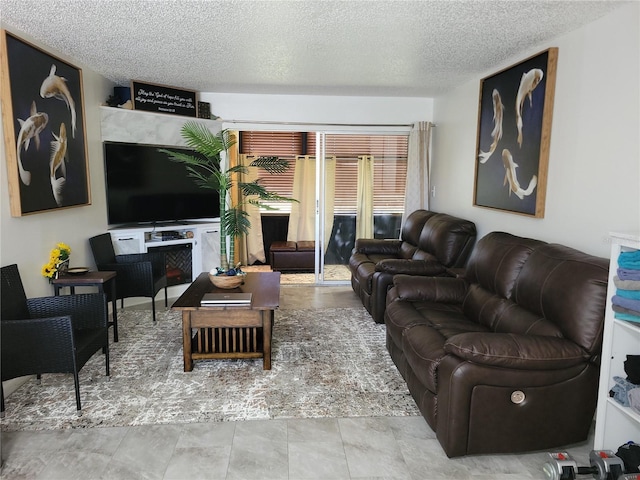 living room featuring a textured ceiling