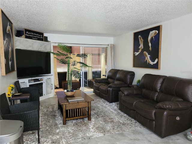 living area featuring a textured ceiling