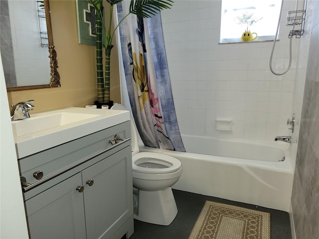 full bath featuring toilet, shower / tub combo, and vanity