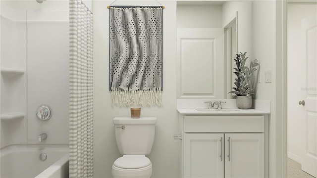 bathroom featuring toilet, shower / bath combo, and vanity