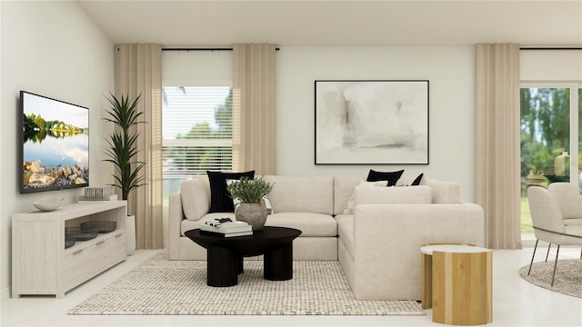 living area featuring light tile patterned floors