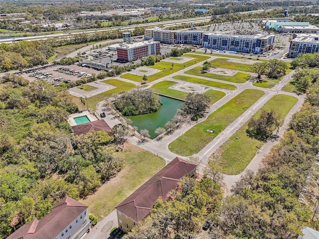 drone / aerial view featuring a water view