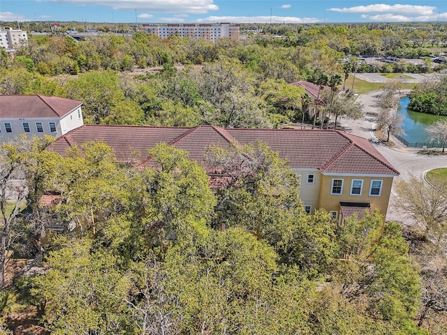 drone / aerial view featuring a water view