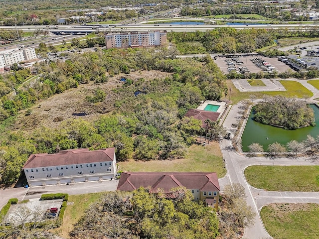 aerial view featuring a water view