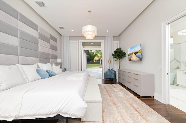 bedroom featuring access to exterior, visible vents, a chandelier, and dark wood-style flooring