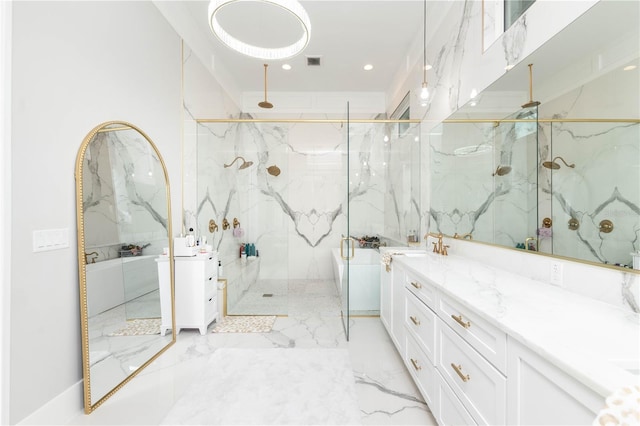 bathroom with marble finish floor, visible vents, vanity, and a marble finish shower