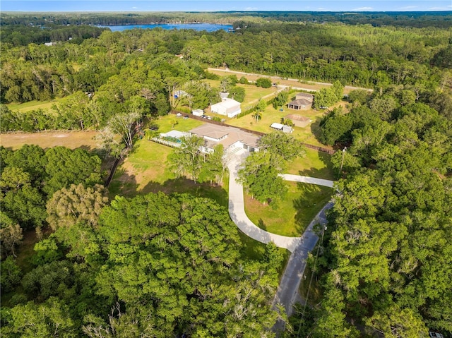 aerial view with a water view and a view of trees