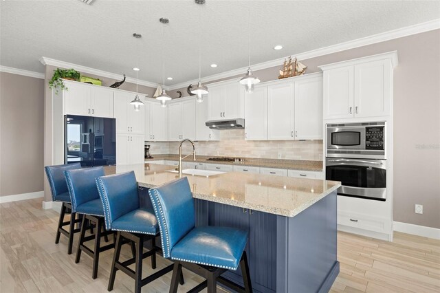 15904 Redington Dr, Redington Beach, FL 33708 - kitchen featuring decorative backsplash, light wood-style flooring, appliances with stainless steel finishes, crown molding, and under cabinet range hood