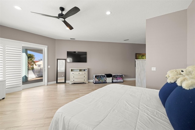 15904 Redington Dr, Redington Beach, FL 33708 - bedroom with access to exterior, visible vents, light wood-style floors, ceiling fan, and baseboards