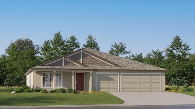 view of front of property featuring concrete driveway, roof with shingles, an attached garage, a front lawn, and stucco siding