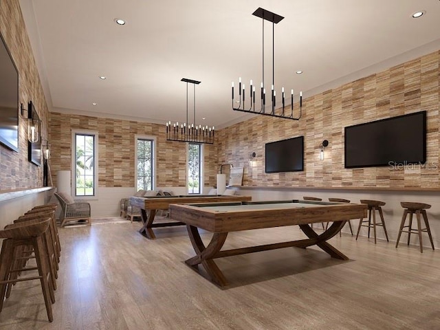 recreation room with pool table, wood finished floors, and recessed lighting