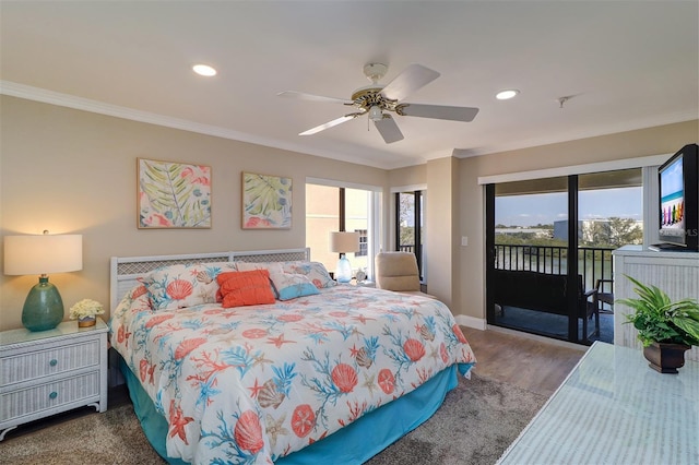 bedroom featuring wood finished floors, baseboards, recessed lighting, crown molding, and access to outside