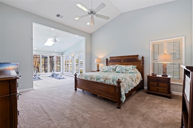 bedroom with visible vents, a ceiling fan, carpet flooring, high vaulted ceiling, and baseboards