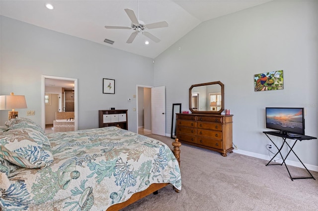 carpeted bedroom featuring high vaulted ceiling, connected bathroom, a ceiling fan, visible vents, and baseboards