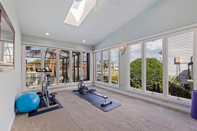 exercise area with lofted ceiling with skylight, carpet flooring, a wealth of natural light, and baseboards