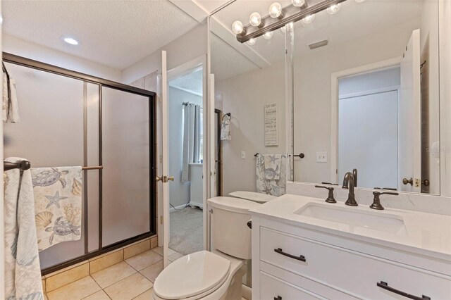 full bathroom with visible vents, a shower stall, toilet, and tile patterned floors