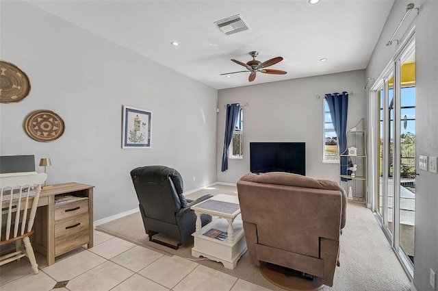 office space featuring light tile patterned floors, baseboards, visible vents, recessed lighting, and ceiling fan