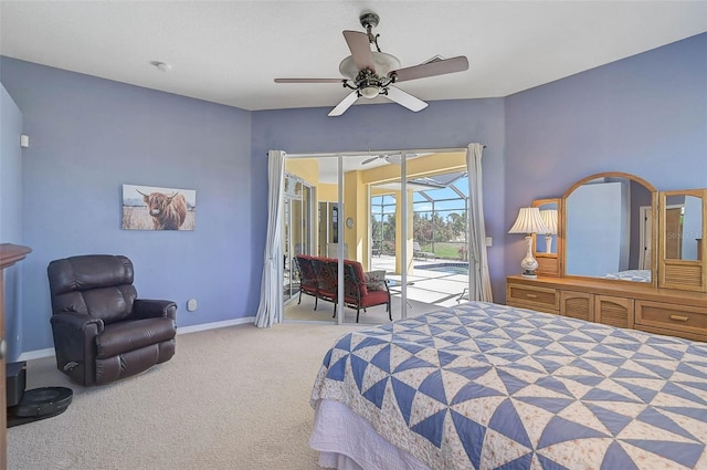 carpeted bedroom featuring ceiling fan, baseboards, access to exterior, and a sunroom