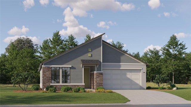 view of front of home with an attached garage, stone siding, concrete driveway, and a front yard