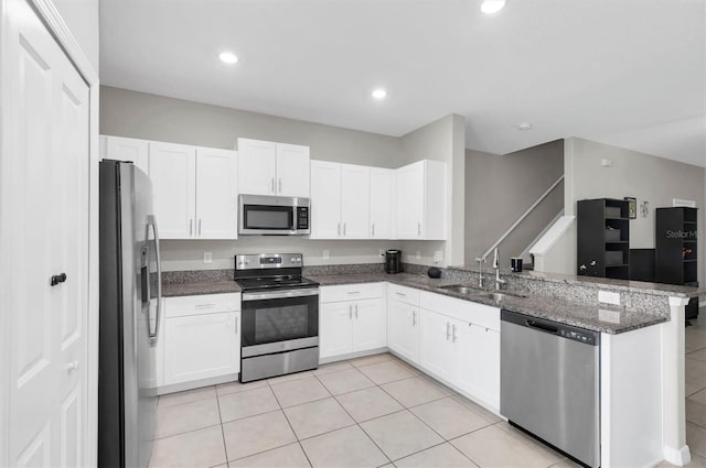 kitchen featuring a peninsula, appliances with stainless steel finishes, a sink, and white cabinets