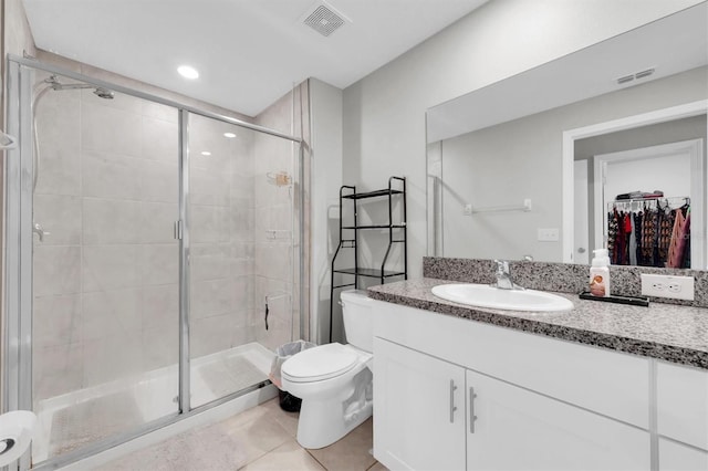 bathroom with visible vents, toilet, tile patterned floors, vanity, and a shower stall