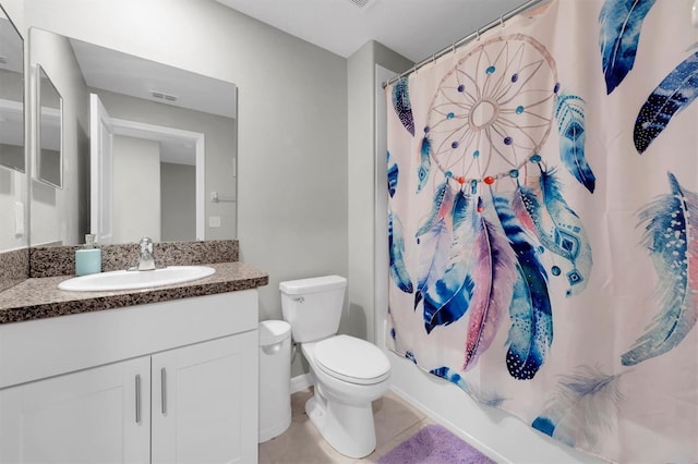 full bath with toilet, vanity, a shower with shower curtain, and tile patterned floors