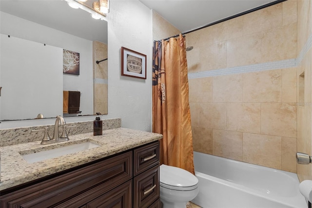 full bathroom with toilet, shower / bath combination with curtain, and vanity