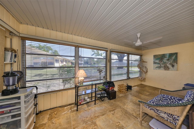 sunroom featuring wood ceiling, a healthy amount of sunlight, and ceiling fan