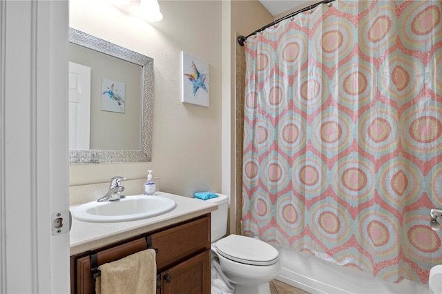 bathroom featuring vanity, toilet, and shower / bathtub combination with curtain