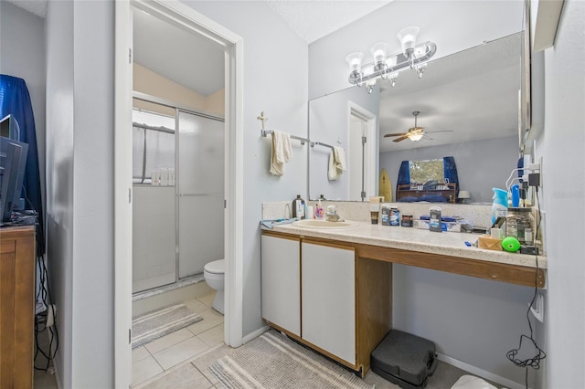 full bath with vanity, tile patterned flooring, toilet, and a shower stall