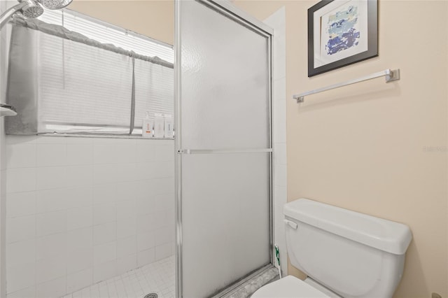 bathroom featuring a stall shower and toilet