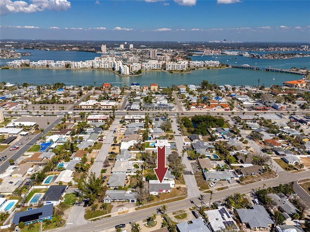 drone / aerial view with a water view