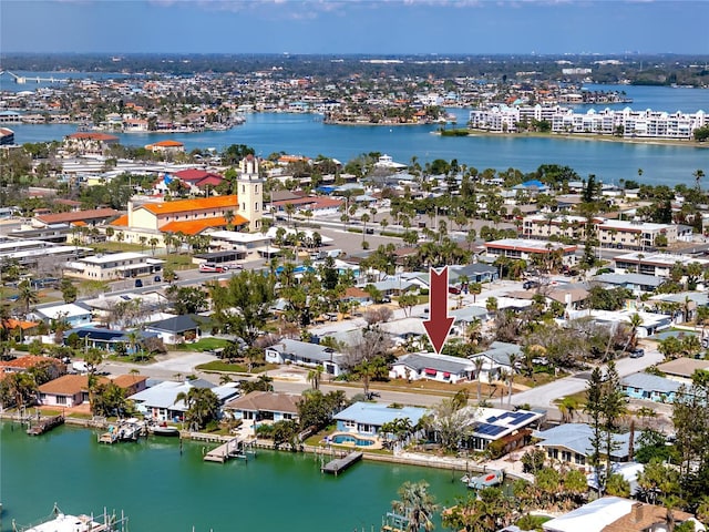 drone / aerial view with a water view