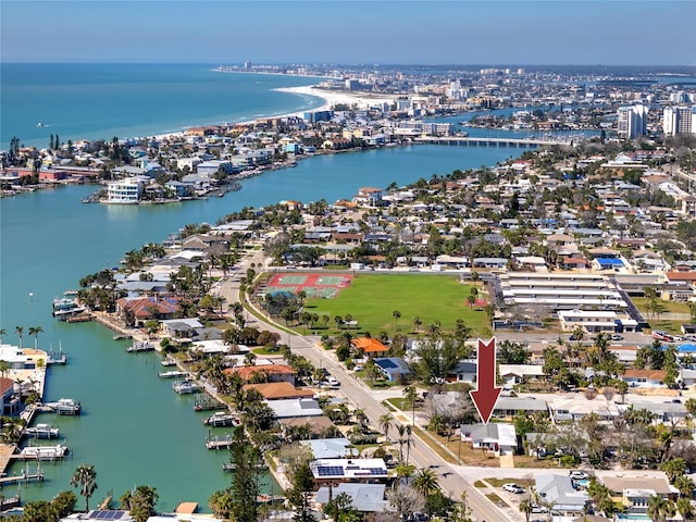 drone / aerial view featuring a water view