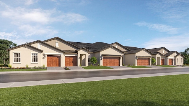 view of front of home featuring a front yard, a tiled roof, an attached garage, and stucco siding