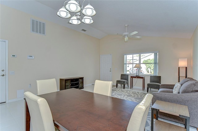 dining room featuring lofted ceiling, visible vents, baseboards, and ceiling fan with notable chandelier