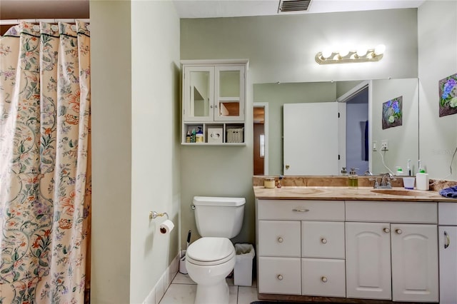 full bathroom featuring baseboards, visible vents, toilet, tile patterned floors, and vanity