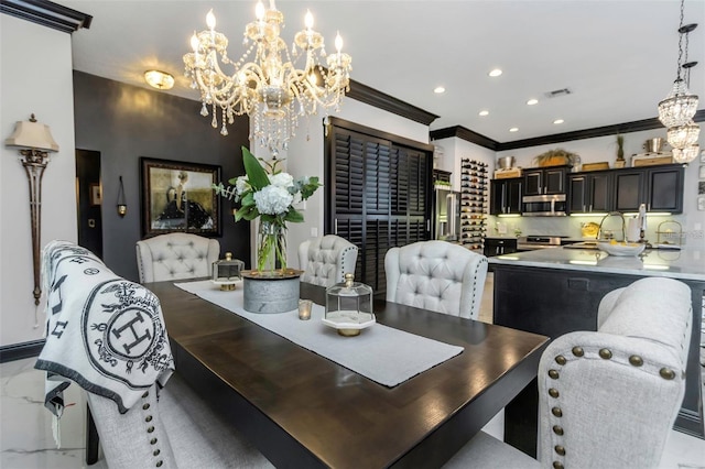 dining area with visible vents, ornamental molding, marble finish floor, a notable chandelier, and recessed lighting