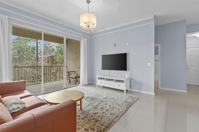 living area featuring a notable chandelier, baseboards, and light tile patterned floors