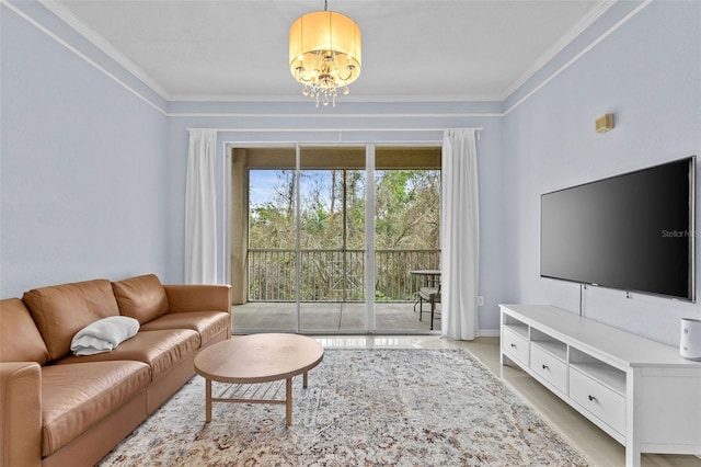 living room featuring light tile patterned flooring, crown molding, and an inviting chandelier