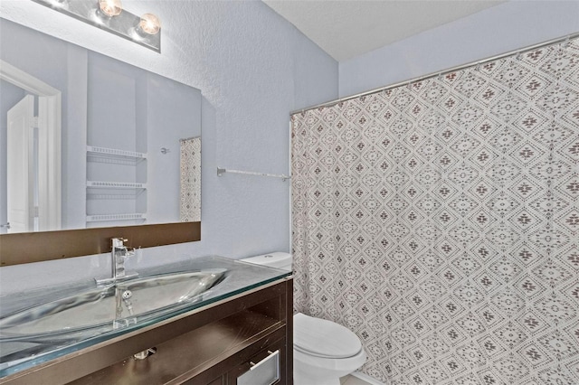 full bathroom with toilet, curtained shower, and vanity