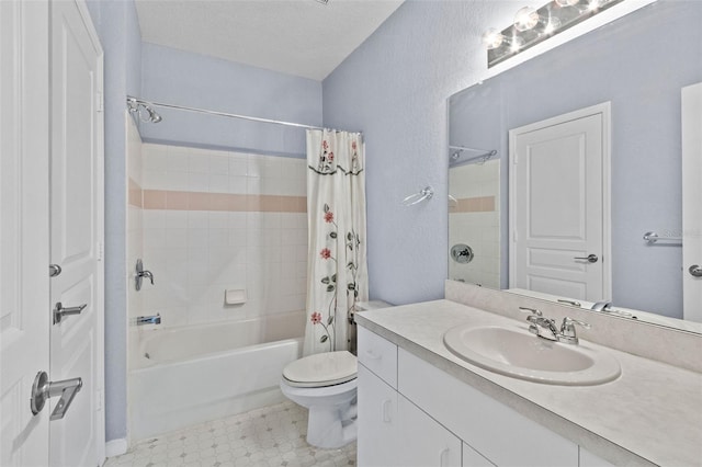 full bath featuring toilet, tile patterned floors, shower / bath combo with shower curtain, and vanity