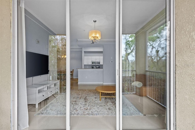 unfurnished sunroom with a notable chandelier