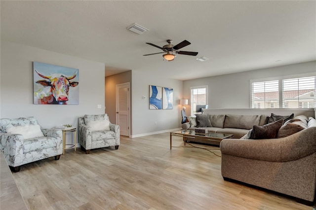 living area featuring light wood-style floors, baseboards, and visible vents