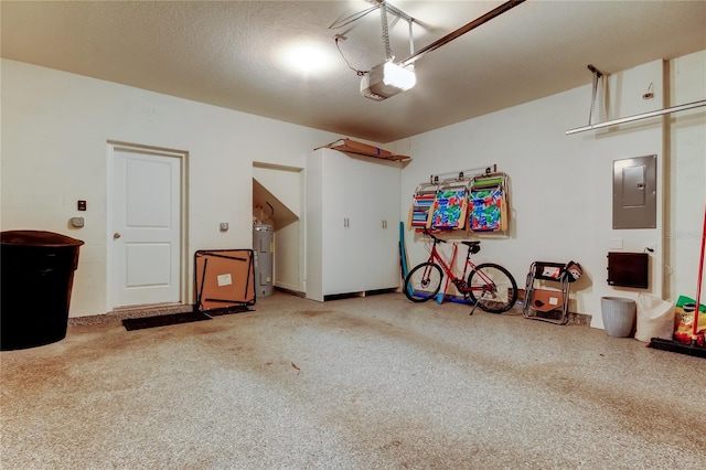 garage with a garage door opener and electric panel